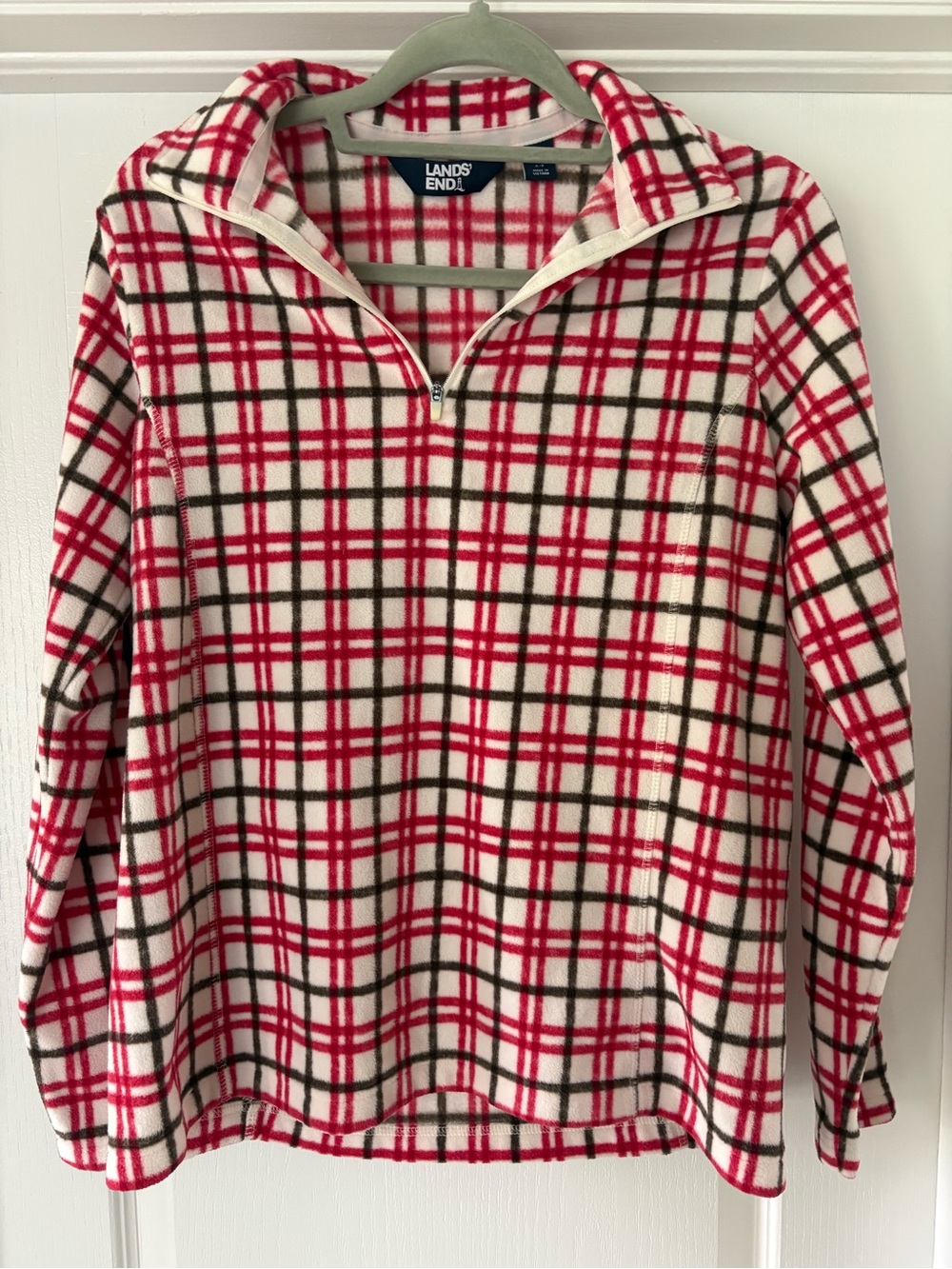 Lands' End Red Black and White Plaid Half-Zip Fleece Pullover